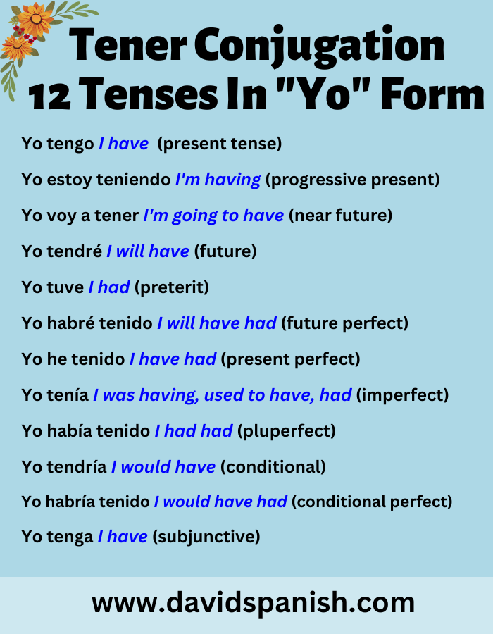 Tener conjugation in 12 tenses in the first-person singular (yo) form.