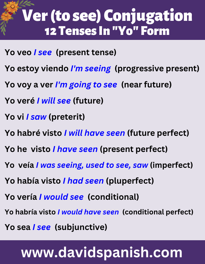 Ver (to see) conjugated in the first-person singular (yo) form in twelve tenses.