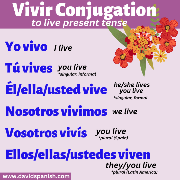 Vivir (to live) conjugated in the present tense.